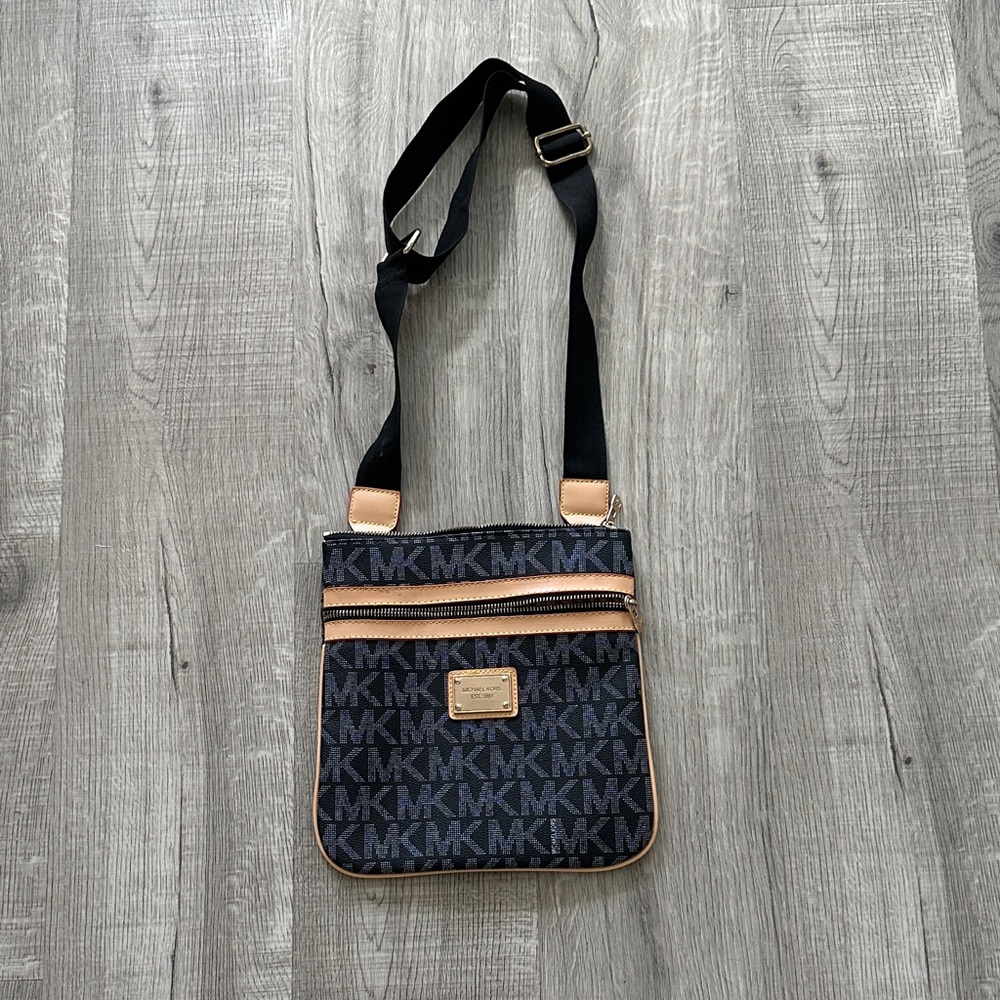 Michael Kors Black and Tan Monogram Messenger Bag